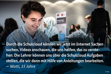 Am Nürnberger Dürer Gymnasium ist die Schul-Cloud bereits im Einsatz: Auf dem Digitalgipfel 2018 erzählen Lehrerin Anna Wagner und ihre Schülerinnen und Schüler, wie diese das Lehren und Lernen erleichtert. <br /> 
