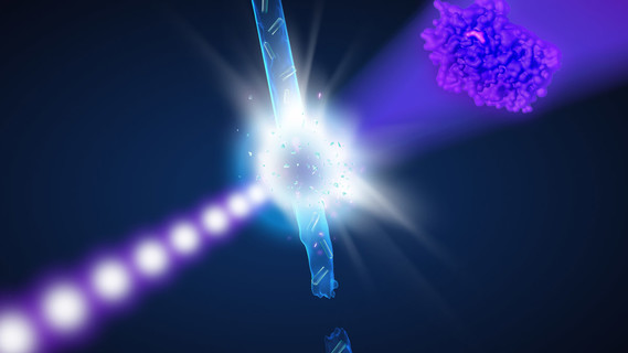 Künstlerische Darstellung des Experiments: Treffen die intensiven Röntgenlaserblitze (lila) auf die Proteinkristalle in dem schnellen Wasserstrahl, lässt sich aus diesen Aufnahmen die Struktur der Proteine in dem Kristall erkunden (rechts).