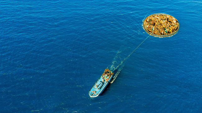 Ein Schiff zieht ein rundes Reinigungsgitter durch den Ozean, um diesen von Plastikmüll und anderen Schadstoffen zu befreien.